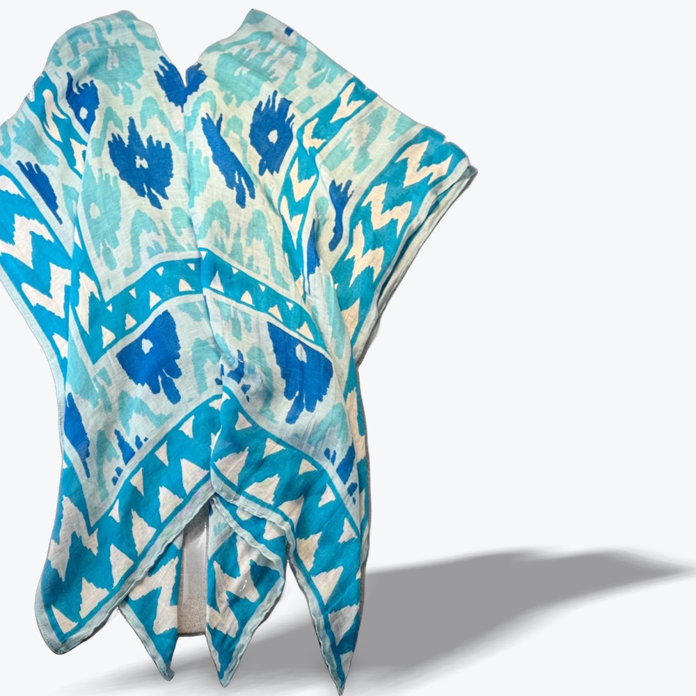 Theodora &‎ Callum Blue Ikat Linen Blend V-Neck Kaftan Poncho Beach Cover Up